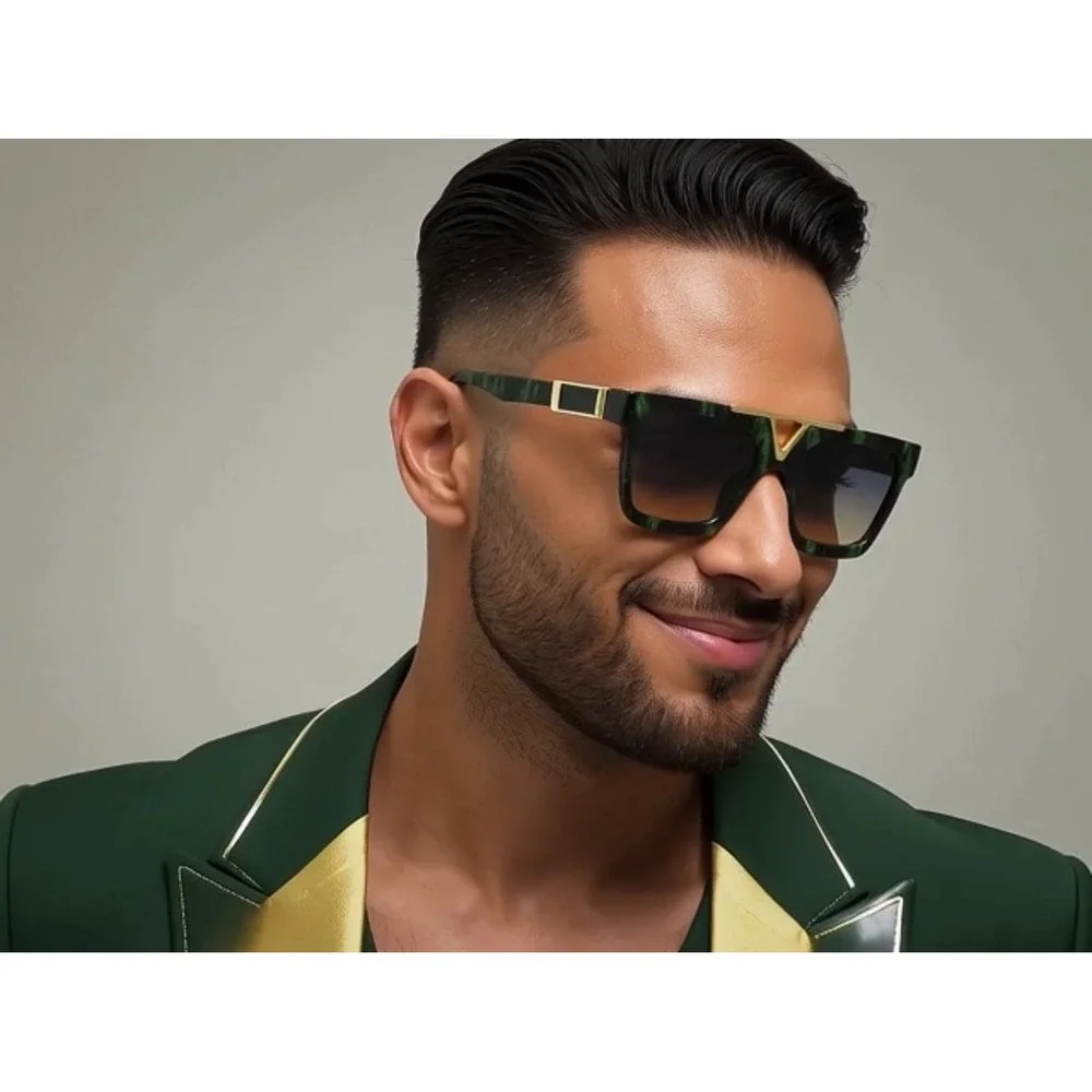 Square Frame Sunglasses V Detail Green Frame Gradient Lens Fashion Shades Lentes